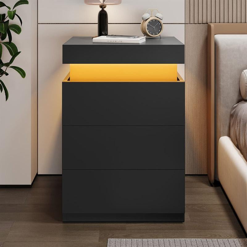Sikaic Modern Nightstand with Sliding Top Charging Station & LED Lights - Stylish Bedroom Furniture
