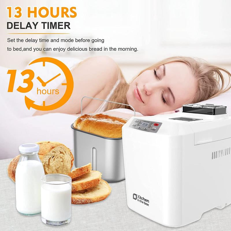 Premium 12-in-1 Automatic Bread Maker - 2LB Capacity, Auto Fruit & Nut Dispenser, Gluten-Free Options, 13-Hour Timer, 1-Hour Keep Warm, 3 Crust Colors - Sleek White Design