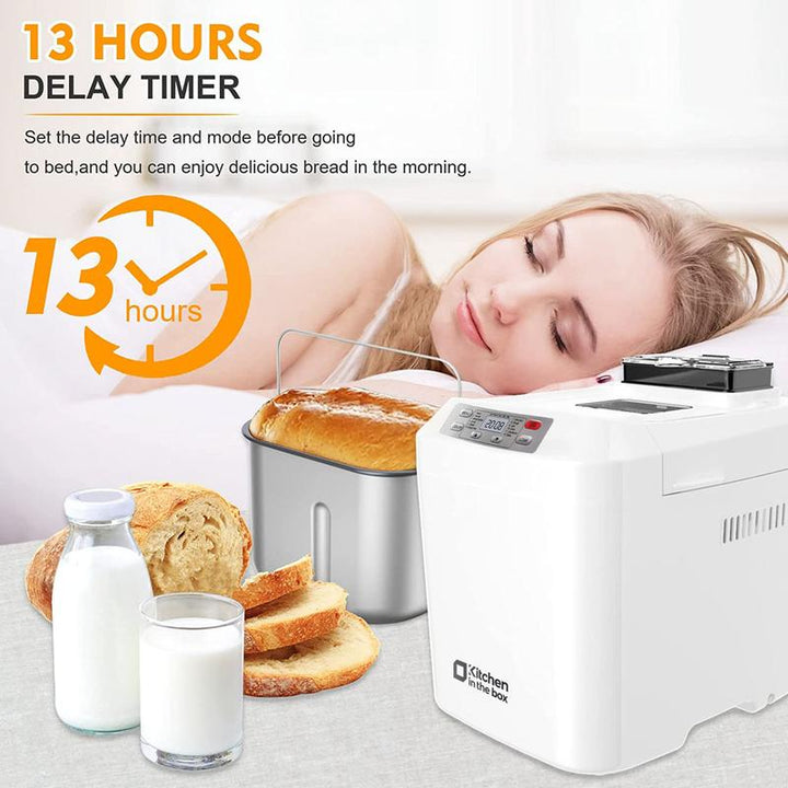 Premium 12-in-1 Automatic Bread Maker - 2LB Capacity, Auto Fruit & Nut Dispenser, Gluten-Free Options, 13-Hour Timer, 1-Hour Keep Warm, 3 Crust Colors - Sleek White Design
