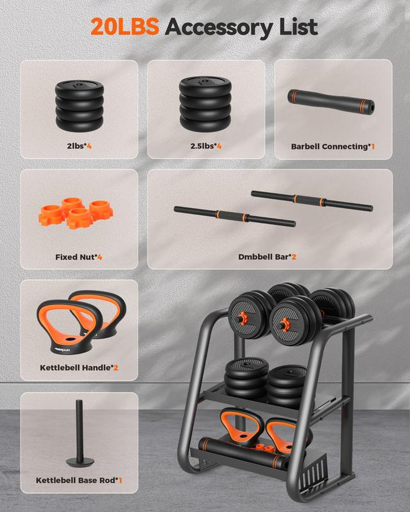 FEIERDUN 4-in-1 Adjustable Dumbbells Set (20/90 Lbs) - Versatile Home Gym Equipment for Barbell, Kettlebell & Push-Ups - Perfect for Men & Women