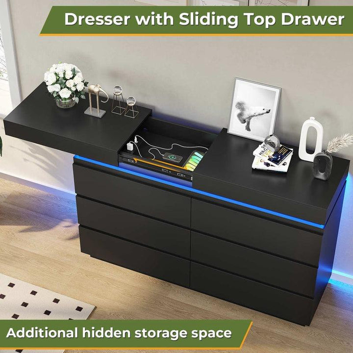 Sikaic Modern LED Dresser with Charging Station & Sliding Drawers - Stylish Storage Tower for Bedroom Organization