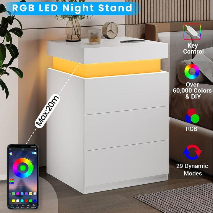 Sikaic Modern Nightstand with Sliding Top Charging Station & LED Lights - Stylish Bedroom Furniture