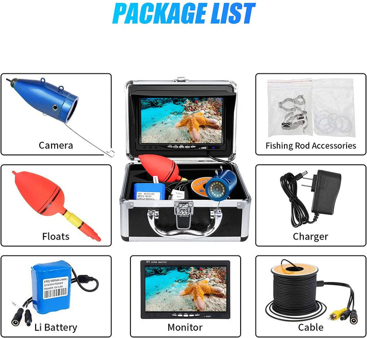 High-Definition Portable Underwater Fishing Camera with 7" LCD Monitor - 1000TVL, Depth & Temperature Display, 12 IR LEDs, 50FT Cable - Ideal for Ice, Lake & Boat Fishing