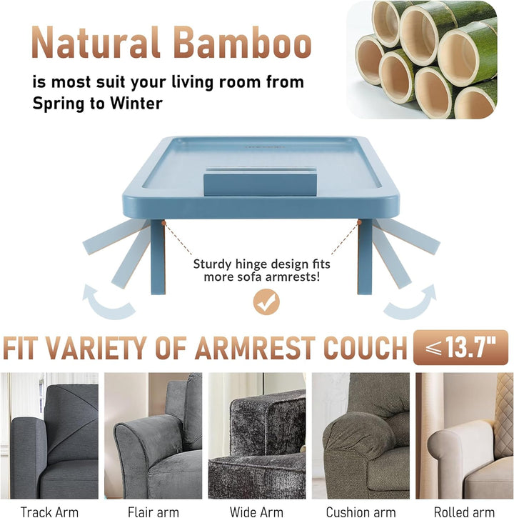 Bamboo Couch Arm Table with 360° Phone Holder - The Ultimate Tray for Eating, Drinking, and Relaxing!