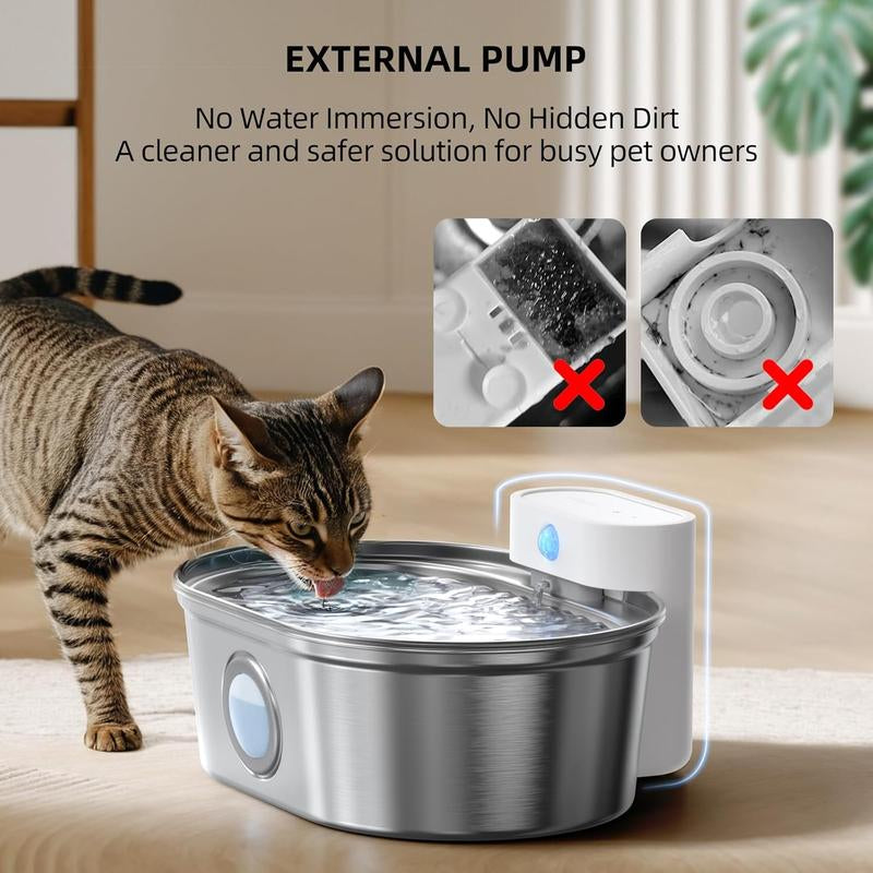 Uahpet Cordless Stainless Steel Cat Water Fountain - 67Oz/2L Easy-Clean Battery-Operated Pet Dispenser