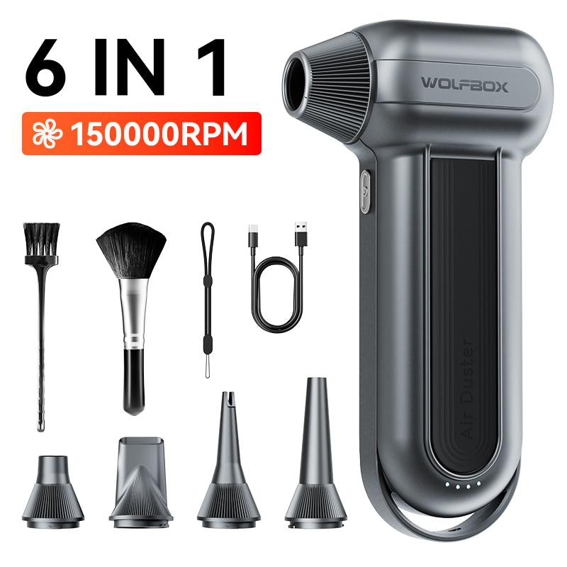 WOLFBOX 6-in-1 Super Power Electric Air Duster & Leaf Blower - 150,000 RPM Cordless Turbo Blower for Lawn Care, Car Cleaning & More - Perfect Father's Day Gift!
