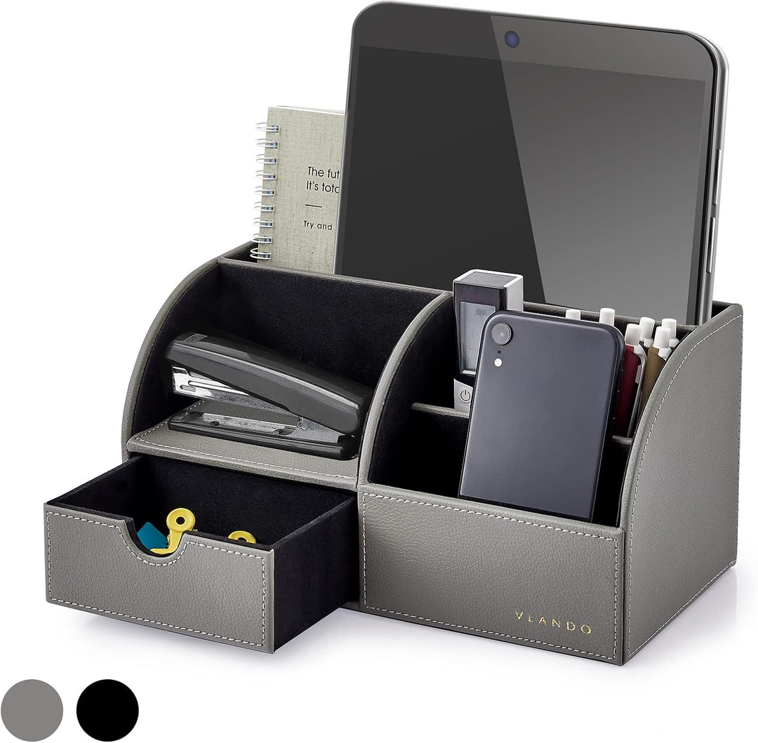 Chic Grey Leather Desk Organizer with Drawer - Ideal for Office Supplies and Accessories