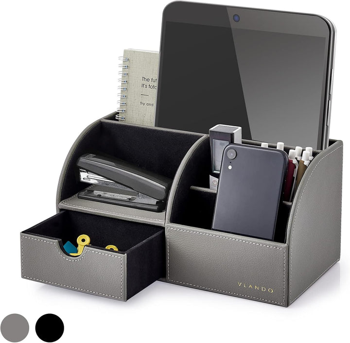 Chic Grey Leather Desk Organizer with Drawer - Ideal for Office Supplies and Accessories
