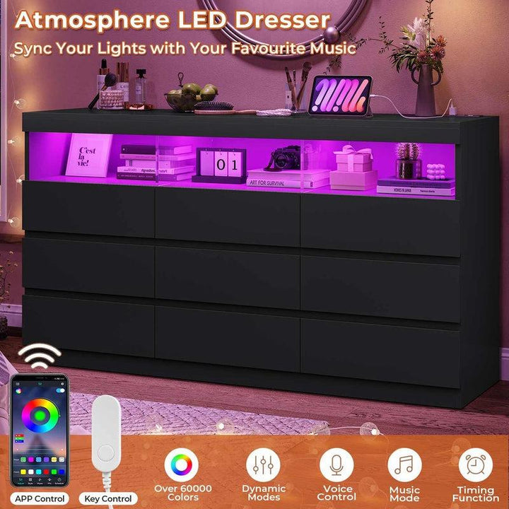 Modern Sikaic 9-Drawer Dresser Chest with LED RGB Lights – Stylish Bedroom Storage Solution