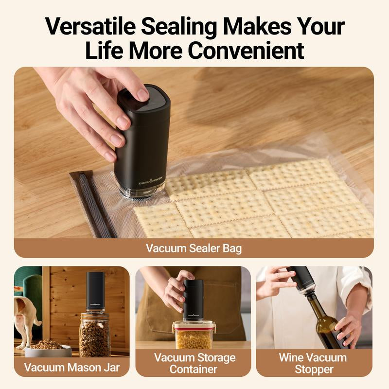 Thermomaven Cordless Handheld Vacuum Food Sealer Kit, Patented 4-In-1 High-Efficient Automatic Vacuum System for Vacuum Sealer Bags, Mason Jar, Storage Box Containers and Wine Stoppers, Included 10X Reusable Mason Jar Lids, Fathersdaygift