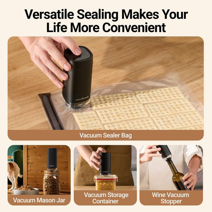 Thermomaven Cordless Handheld Vacuum Food Sealer Kit, Patented 4-In-1 High-Efficient Automatic Vacuum System for Vacuum Sealer Bags, Mason Jar, Storage Box Containers and Wine Stoppers, Included 10X Reusable Mason Jar Lids, Fathersdaygift