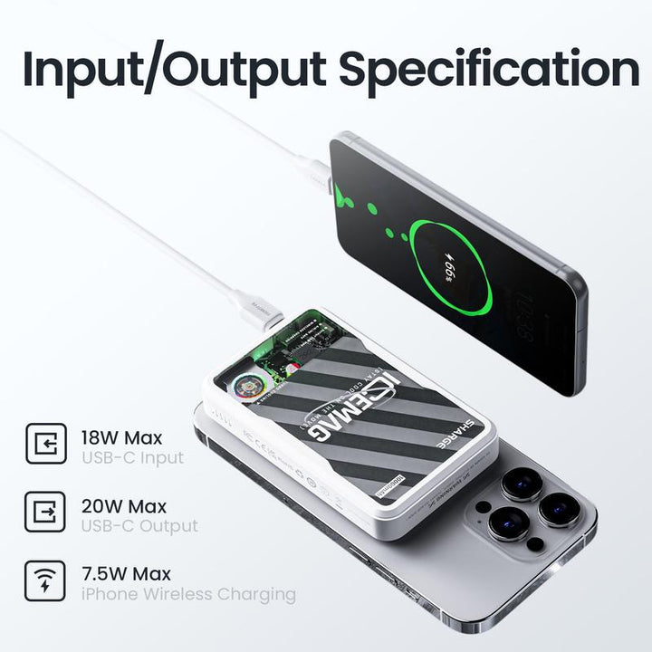 SHARGE ICEMAG 10,000mAh Wireless Power Bank with MagSafe & Active Cooling - Perfect for iPhone 16/15/14/13 Pro/Pro Max/Mini & All Smartphones