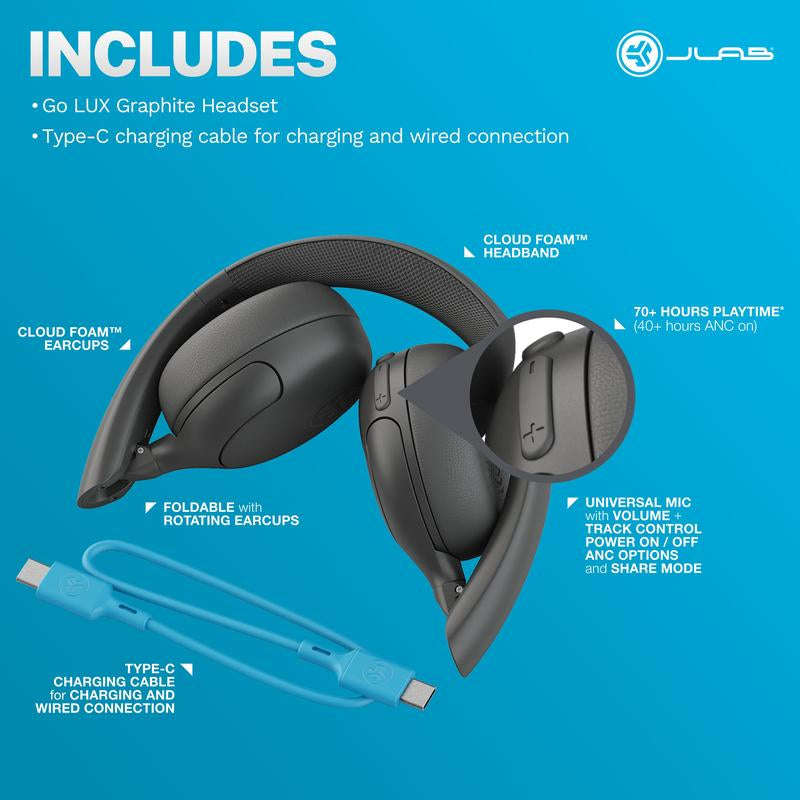 JLab Go Lux Active Noise Cancelling On-Ear Headphones - 70+ Hours Bluetooth, Hybrid ANC, Be Aware Mode & Spatial Audio for Android