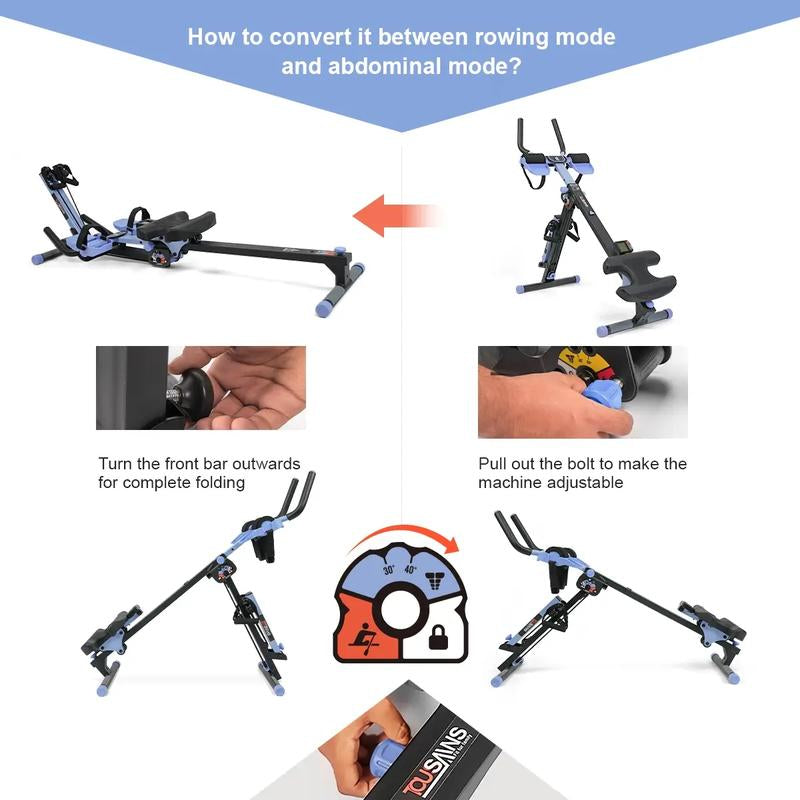 2-in-1 Adjustable Rowing and Ab Crunch Machine with LCD Monitor - Foldable Home Workout Equipment for Effective Stomach Exercises