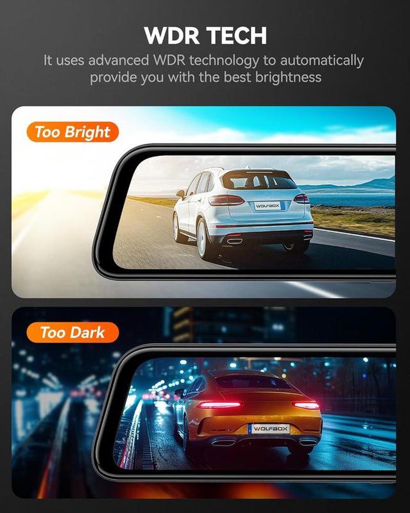 WOLFBOX G840S 12" 4K Mirror Dash Cam - Dual Cameras, Night Vision, GPS & 32GB Card - Ultimate Backup Camera for Cars & Trucks - Perfect Father's Day Gift!