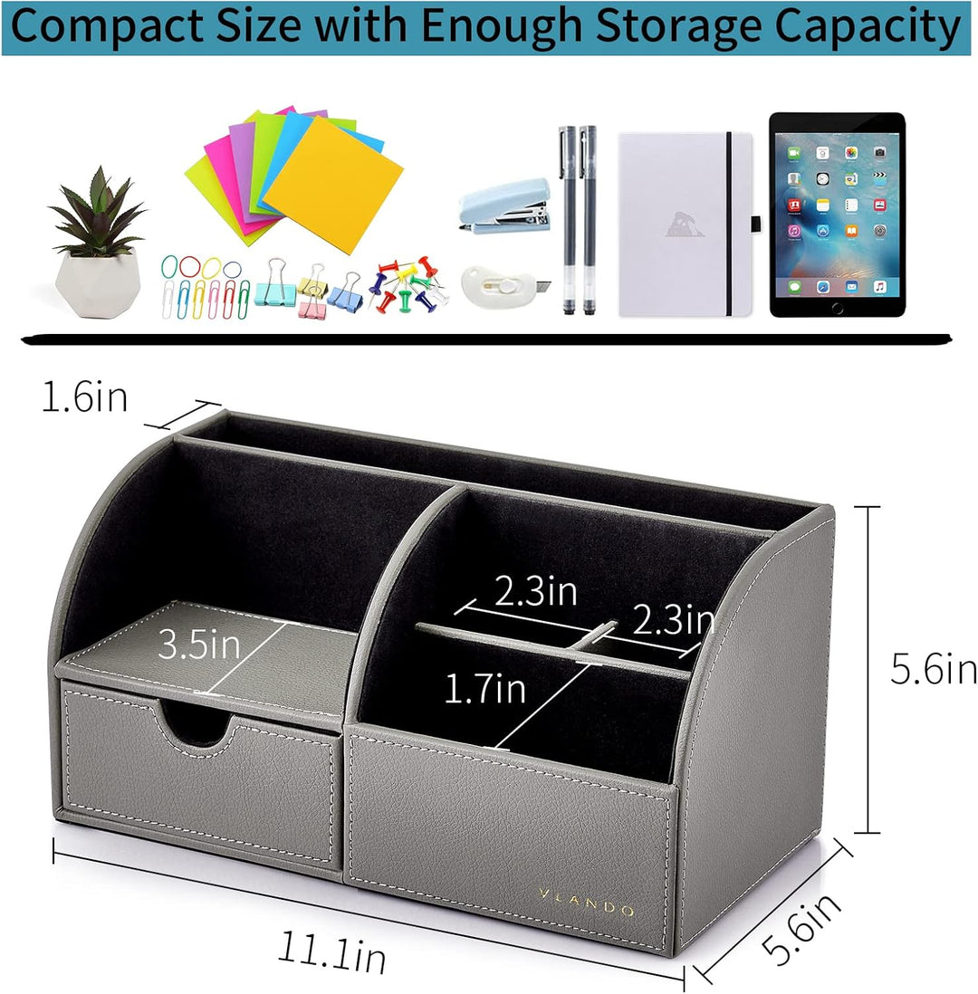 Chic Grey Leather Desk Organizer with Drawer - Ideal for Office Supplies and Accessories