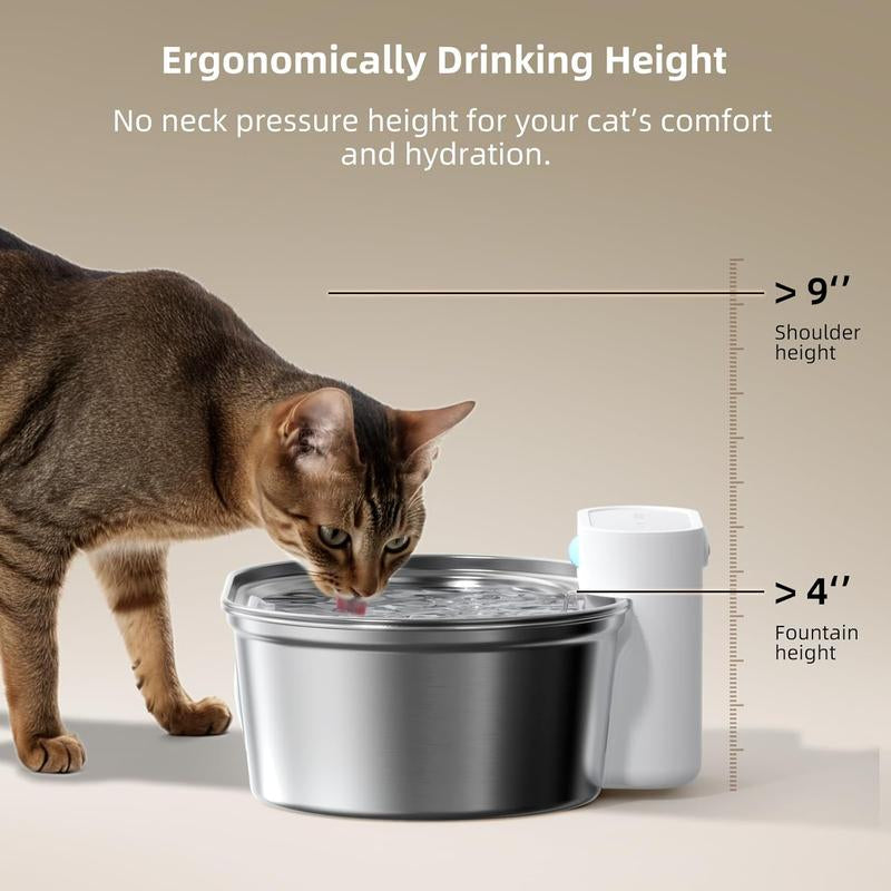 Uahpet Cordless Stainless Steel Cat Water Fountain - 67Oz/2L Easy-Clean Battery-Operated Pet Dispenser