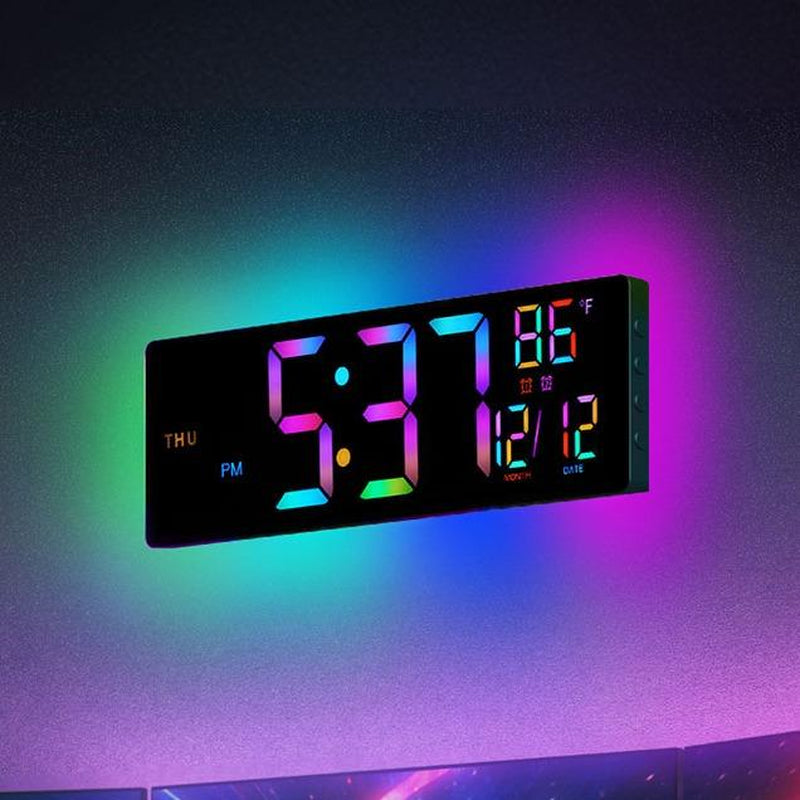 16.5" Large Digital Wall Clock with Remote Control - RGB Atmosphere Lights, Dual Alarms & Big LED Display for Home, Classroom & Game Decor - Auto DST Adjustment