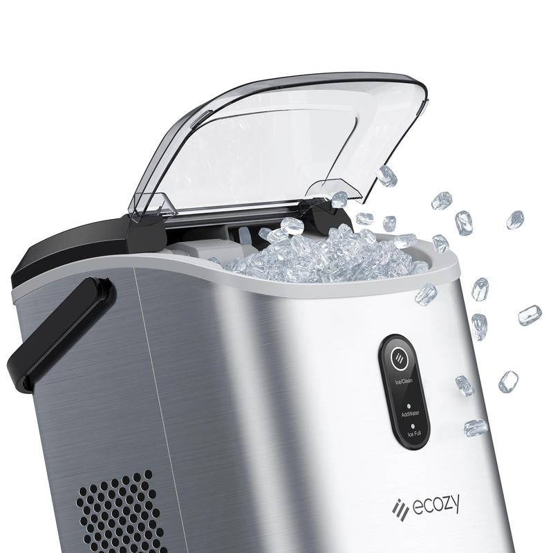 Ecozy Countertop Sonic Nugget Ice Maker - Chewable Ice Cubes, 33 Lbs Daily Output, Self-Cleaning Stainless Steel for Parties, Kitchens, and Bars