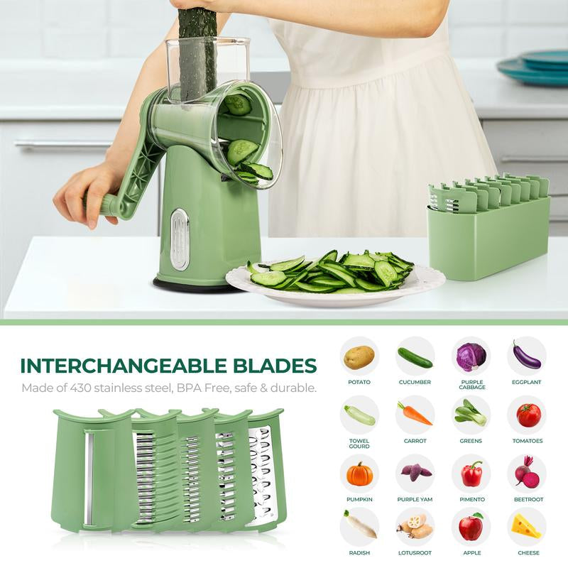 SUSTEAS Retro Green Rotary Cheese Grater with 5 Blades & Strong Suction Base - Perfect Mandoline Slicing Kitchen Tool!