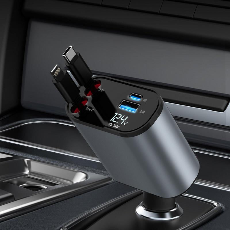 Ultimate 4-in-1 Retractable Car Charger - 100W USB-C Fast Charging Cable with Lightning & Dual Port Compatibility for iPhone, Samsung, Google Pixel & Tablets