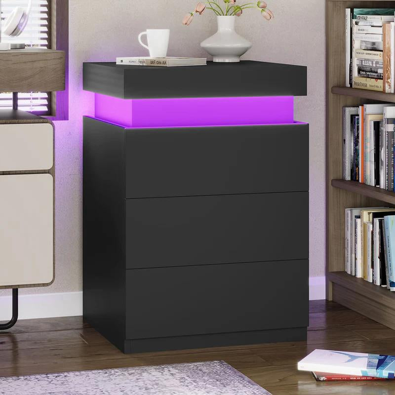 Sikaic Modern Nightstand with Sliding Top Charging Station & LED Lights - Stylish Bedroom Furniture