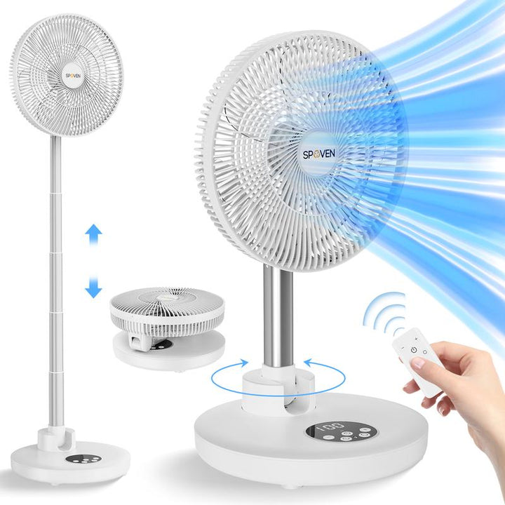SPOVEN 12” Oscillating Pedestal Fan with Remote - 12000mAh Battery, Portable & Foldable for Home, Bedroom & Travel