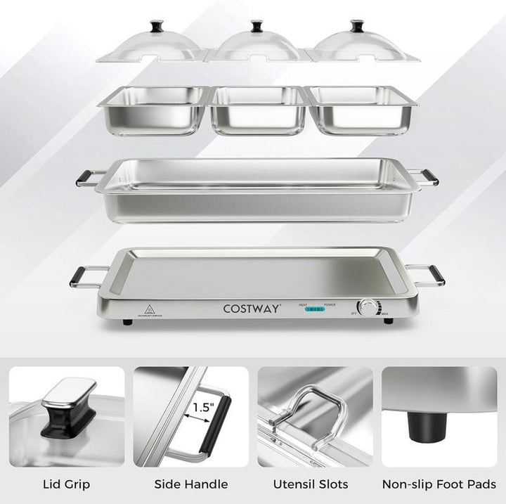 Costway 2-in-1 Electric Buffet Server and Warming Tray - 450W Stainless Steel Chafing Dish with Temperature Control, 3 Serving Trays, 8 Qt Food Warmer Station for Parties and Events - Perfect Mother's Day Gift!