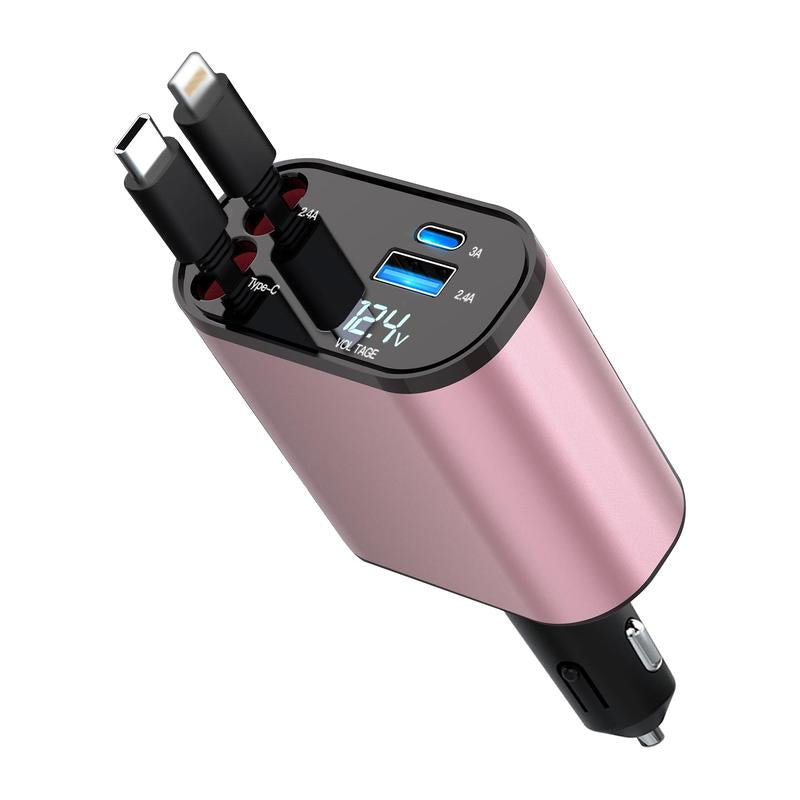 Ultimate 4-in-1 Retractable Car Charger - 100W USB-C Fast Charging Cable with Lightning & Dual Port Compatibility for iPhone, Samsung, Google Pixel & Tablets