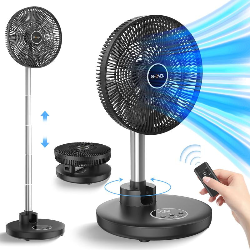 SPOVEN 12” Oscillating Pedestal Fan with Remote - 12000mAh Battery, Portable & Foldable for Home, Bedroom & Travel