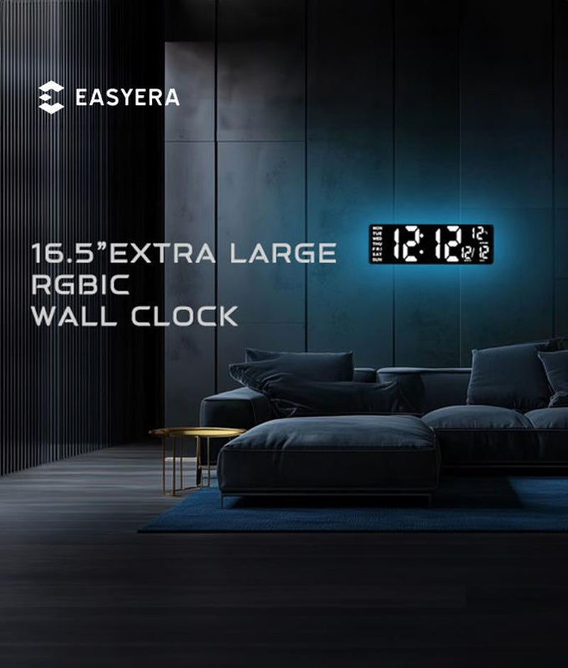 16.5" Large Digital Wall Clock with Remote Control - RGB Atmosphere Lights, Dual Alarms & Big LED Display for Home, Classroom & Game Decor - Auto DST Adjustment