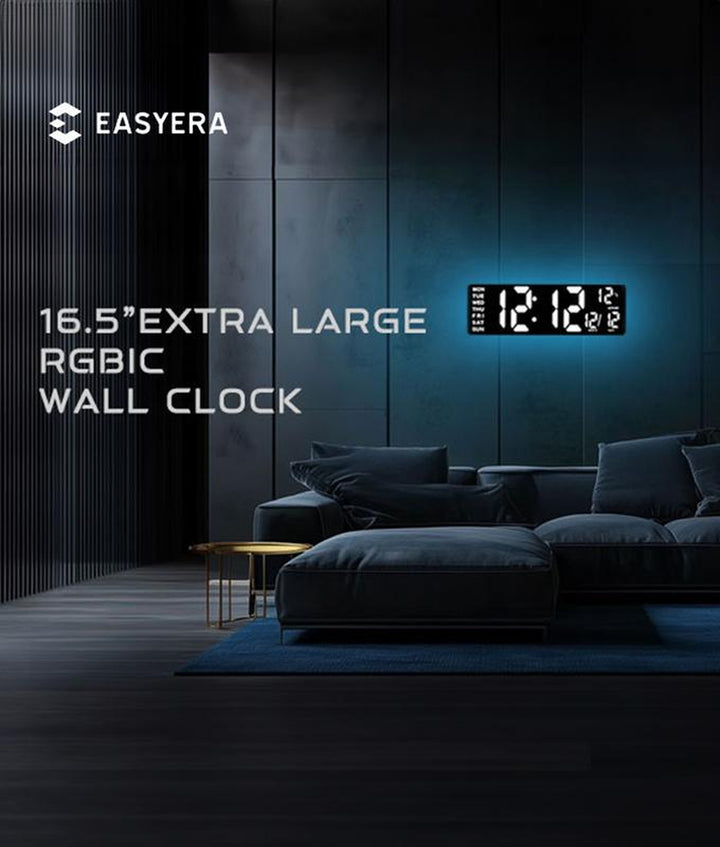 16.5" Large Digital Wall Clock with Remote Control - RGB Atmosphere Lights, Dual Alarms & Big LED Display for Home, Classroom & Game Decor - Auto DST Adjustment