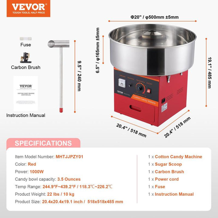 VEVOR Commercial Electric Cotton Candy Machine - 1000W Candy Floss Maker with Stainless Steel Bowl, Sugar Scoop & Drawer - Ideal for Kids' Birthdays & Family Parties - Vibrant Red