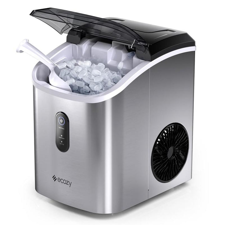 Ecozy Countertop Sonic Nugget Ice Maker - Chewable Ice Cubes, 33 Lbs Daily Output, Self-Cleaning Stainless Steel for Parties, Kitchens, and Bars
