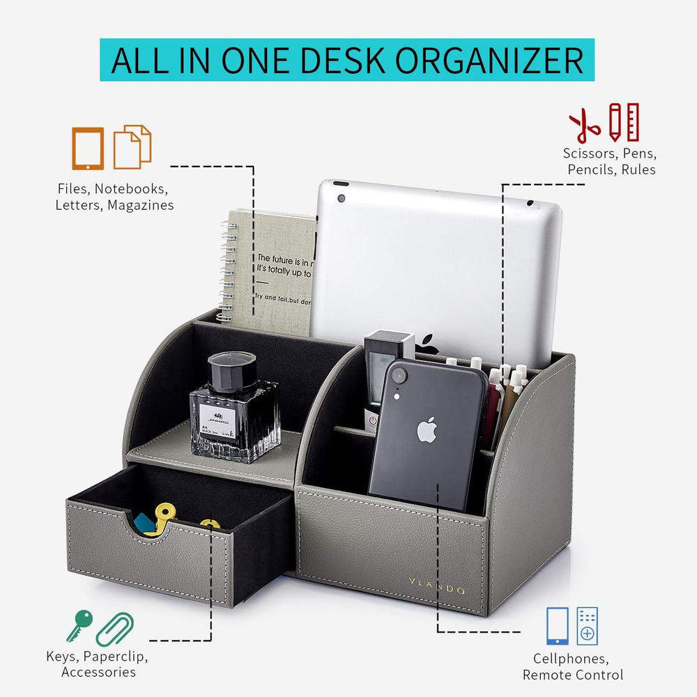 Chic Grey Leather Desk Organizer with Drawer - Ideal for Office Supplies and Accessories