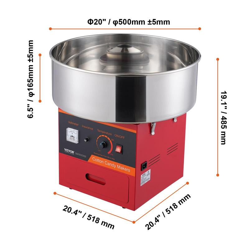 VEVOR Commercial Electric Cotton Candy Machine - 1000W Candy Floss Maker with Stainless Steel Bowl, Sugar Scoop & Drawer - Ideal for Kids' Birthdays & Family Parties - Vibrant Red