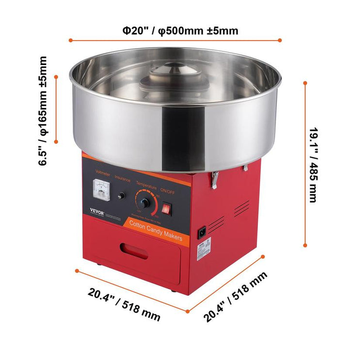 VEVOR Commercial Electric Cotton Candy Machine - 1000W Candy Floss Maker with Stainless Steel Bowl, Sugar Scoop & Drawer - Ideal for Kids' Birthdays & Family Parties - Vibrant Red