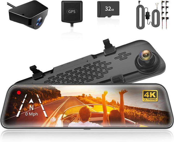 WOLFBOX G840S 12" 4K Mirror Dash Cam - Dual Cameras, Night Vision, GPS & 32GB Card - Ultimate Backup Camera for Cars & Trucks - Perfect Father's Day Gift!