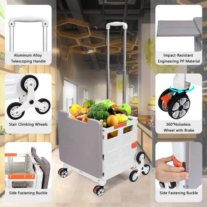 SELORSS BY10C Foldable Utility Cart with Stair Climbing Wheels - Collapsible Rolling Crate with Magnetic Lid and Telescopic Handle for Easy Transport and Storage