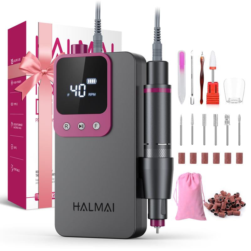 HALMAI Ultra Power Cordless Nail Drill - Professional Electric File for Acrylic & Gel Nails, Vibration-Free with 10-Second Gel Removal, Dark Grey