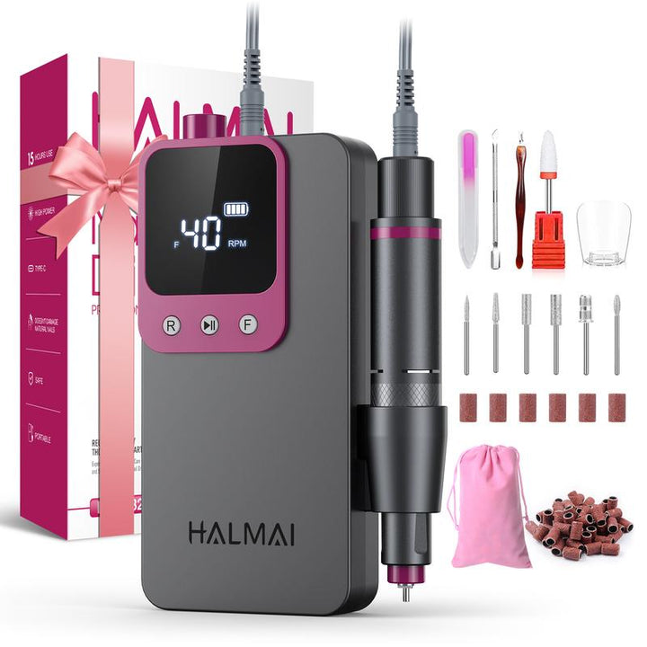 HALMAI Ultra Power Cordless Nail Drill - Professional Electric File for Acrylic & Gel Nails, Vibration-Free with 10-Second Gel Removal, Dark Grey