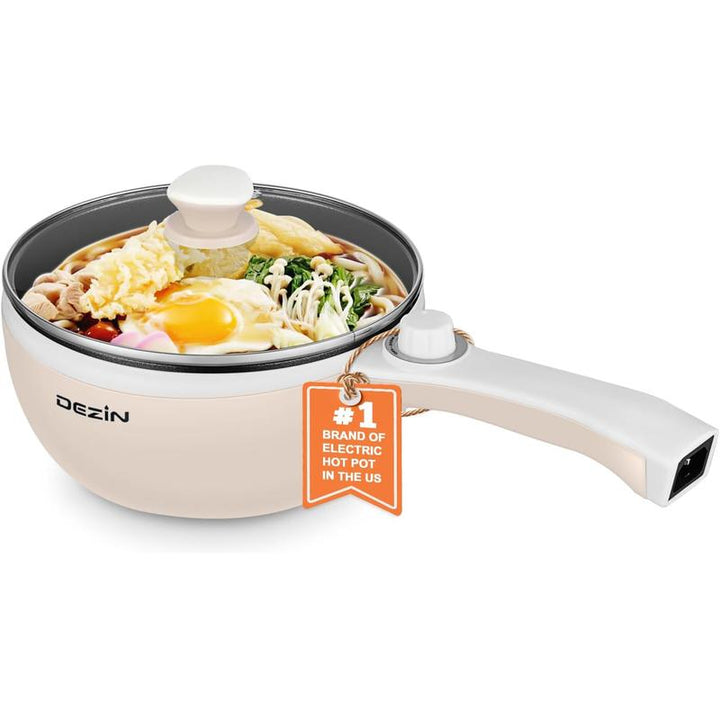Dezin Spring Sales Electric Pot, Non-Stick Sauté Pan, Mini Electric Fondue Pot for Cheese, Stir Fry, Roast, Steam with Power Adjustment, Perfect for Ramen, Steak, Pink (Egg Rack Included)