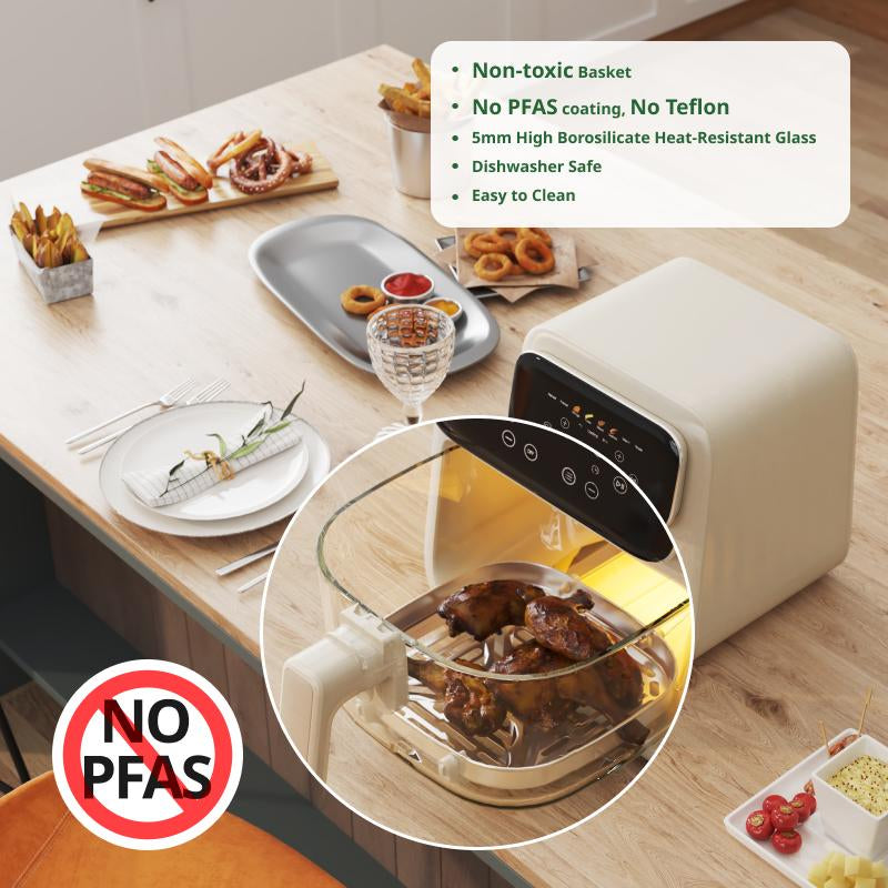 Crispy Quiet 4-in-1 Non-Toxic Glass Air Fryer & Containers - 4.2Qt, Dishwasher Safe, 400°F Air Crisp Technology for Easy Meals - Ivory