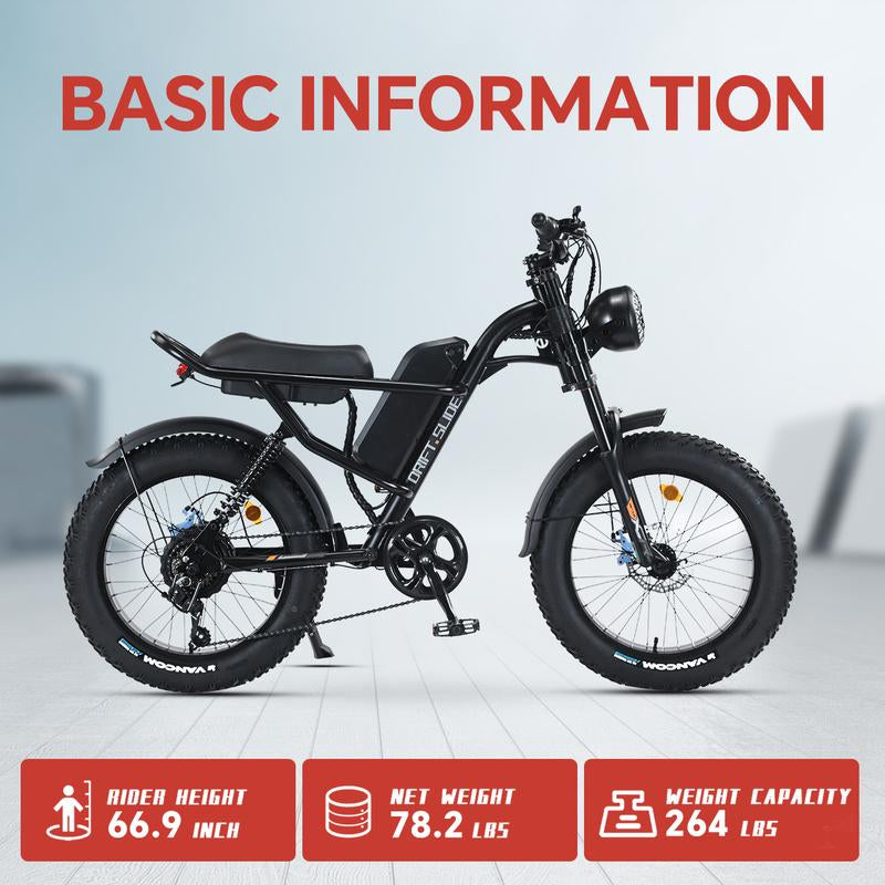 DRIFT.SLIDE 1500W Electric Bike - 28 MPH, 60 Miles Range, All-Terrain Fat Tire, 7-Speed, Removable 48V Battery - Ultimate Moped Style Adventure!