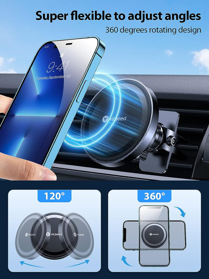 MagSafe Magnetic Car Phone Holder - Enhanced 360° Adjustable Vent Mount for iPhone 16 Pro Max, 15, 14, 13, 12, Plus & Mini
