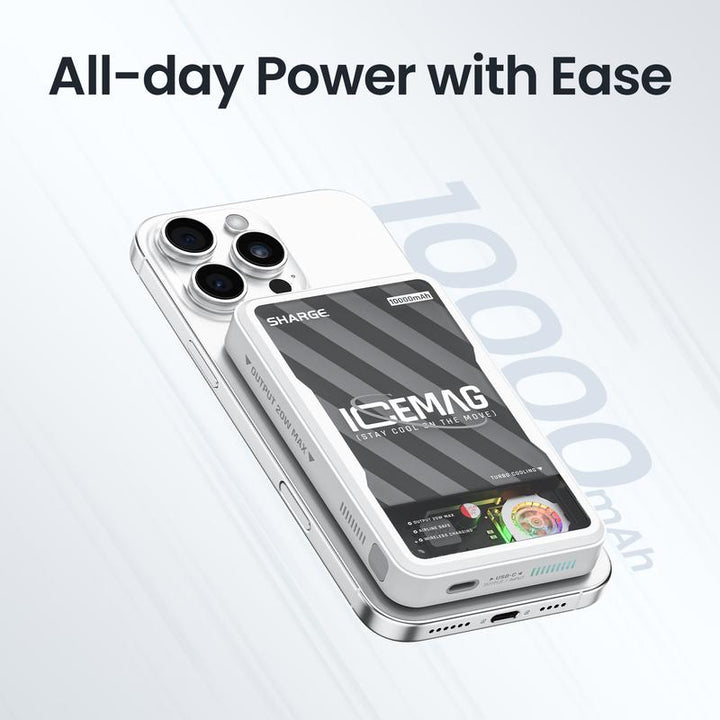 SHARGE ICEMAG 10,000mAh Wireless Power Bank with MagSafe & Active Cooling - Perfect for iPhone 16/15/14/13 Pro/Pro Max/Mini & All Smartphones