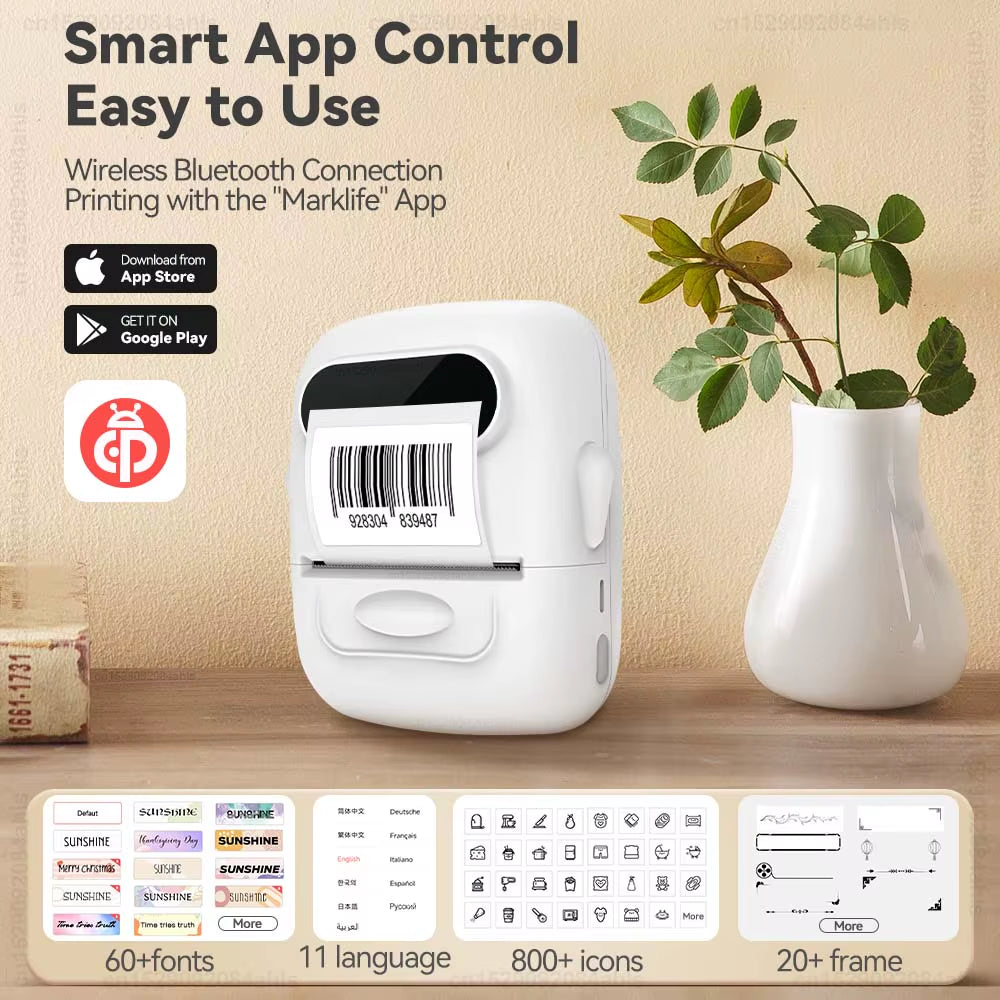 Compact Bluetooth Mini Label Printer - Inkless Thermal Adhesive Sticker & Barcode Maker P50