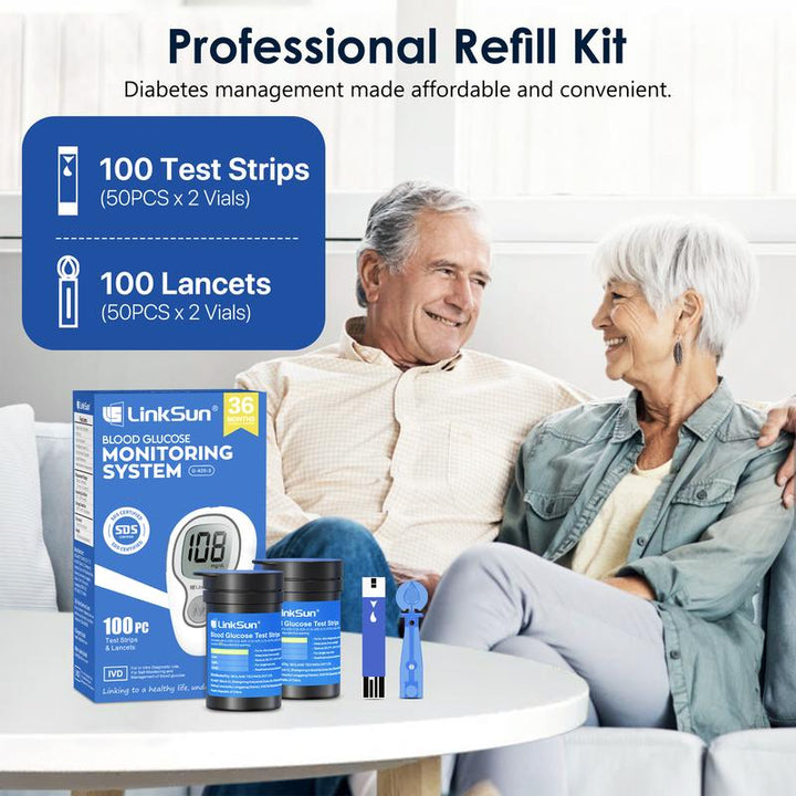 Linksun Blood Glucose Monitor Kit - Ultimate Home Testing Solution with 100 Test Strips & Lancets, 500 Memory, No Coding, Accurate Mmol/L Results