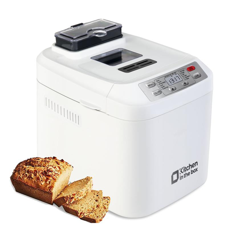 Premium 12-in-1 Automatic Bread Maker - 2LB Capacity, Auto Fruit & Nut Dispenser, Gluten-Free Options, 13-Hour Timer, 1-Hour Keep Warm, 3 Crust Colors - Sleek White Design