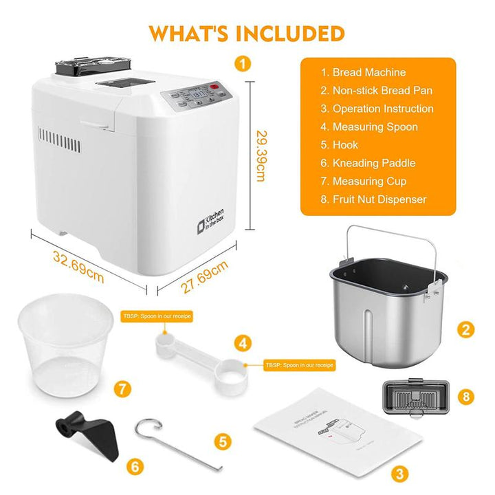 Premium 12-in-1 Automatic Bread Maker - 2LB Capacity, Auto Fruit & Nut Dispenser, Gluten-Free Options, 13-Hour Timer, 1-Hour Keep Warm, 3 Crust Colors - Sleek White Design